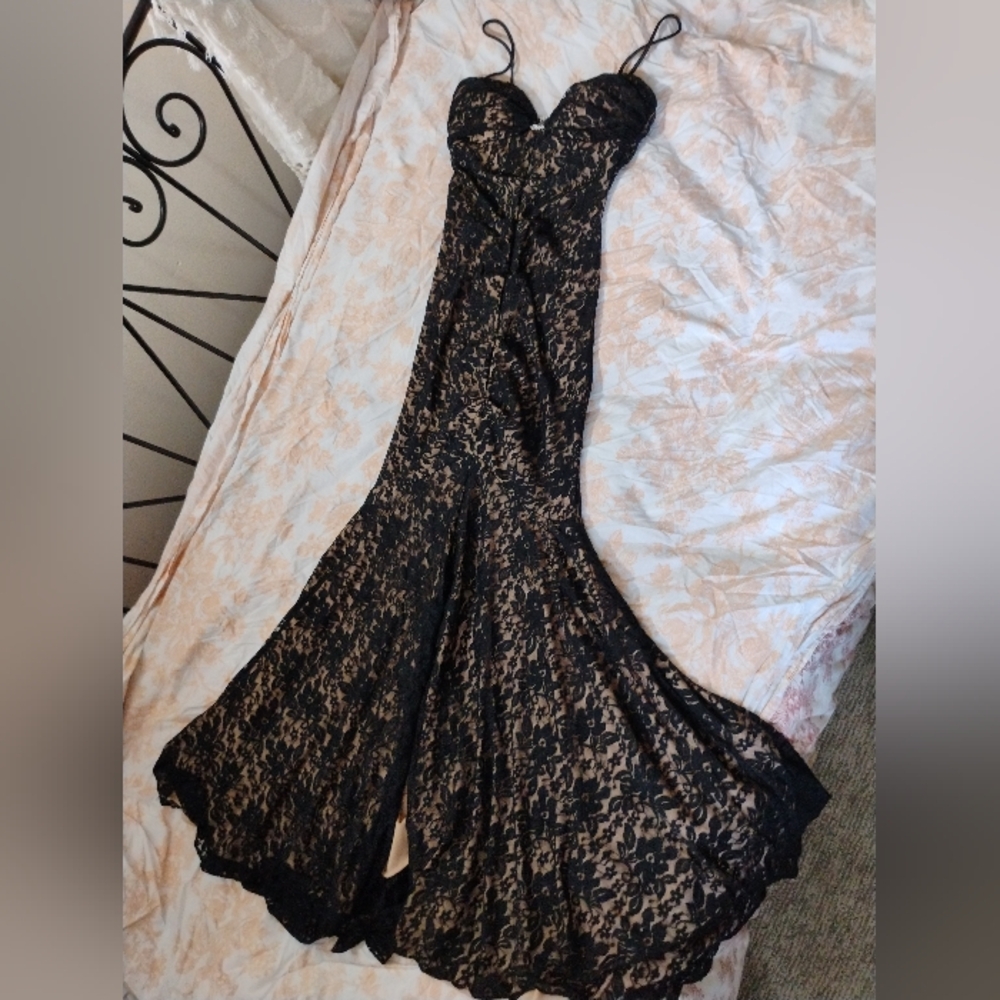 Xscape Black and Nude Lace Gown